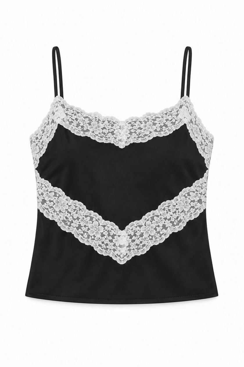 Margot Black With Cream Lace Satin Tank With Lace Trim
