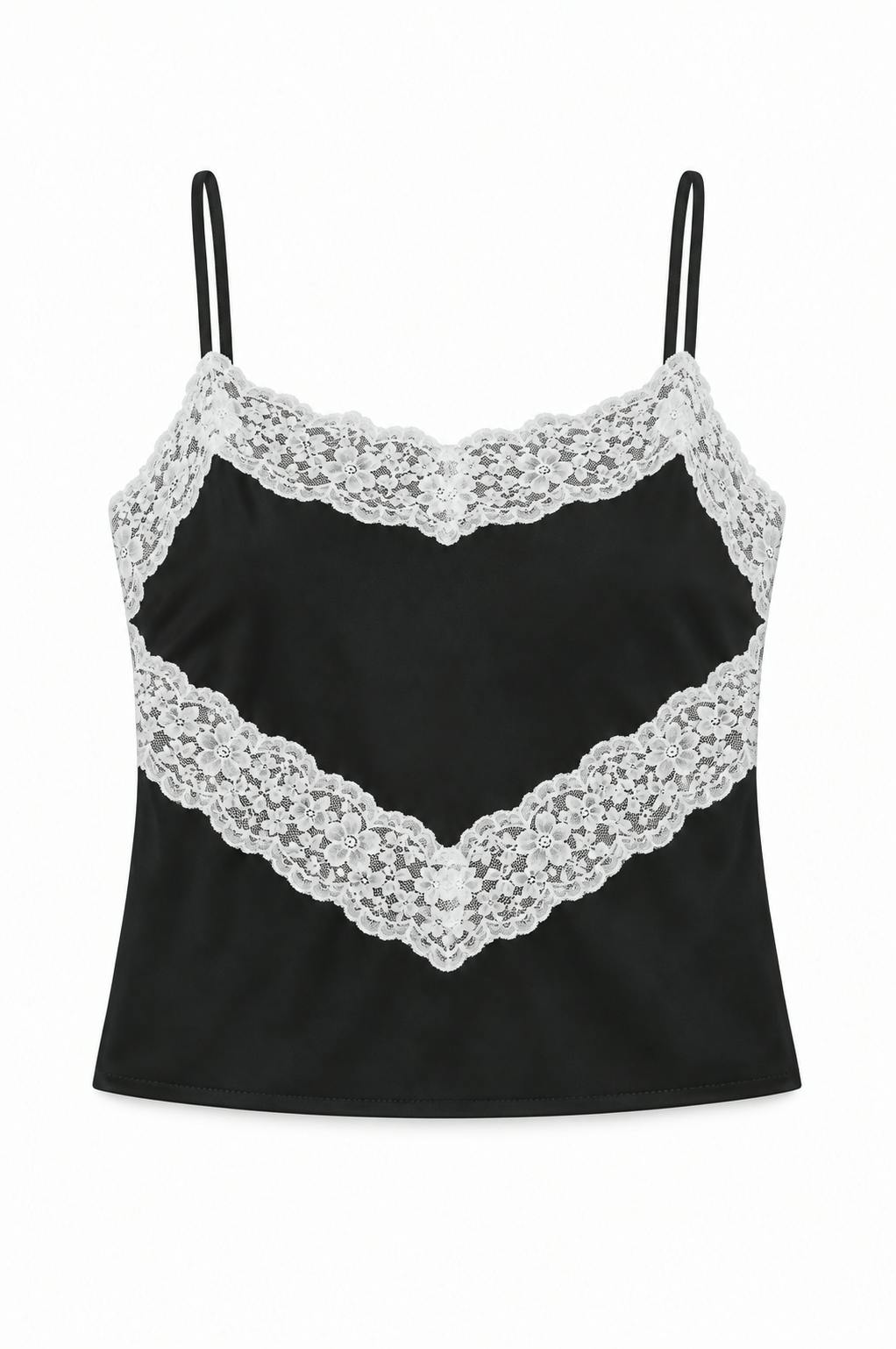 Margot Black With Cream Lace Satin Tank With Lace Trim