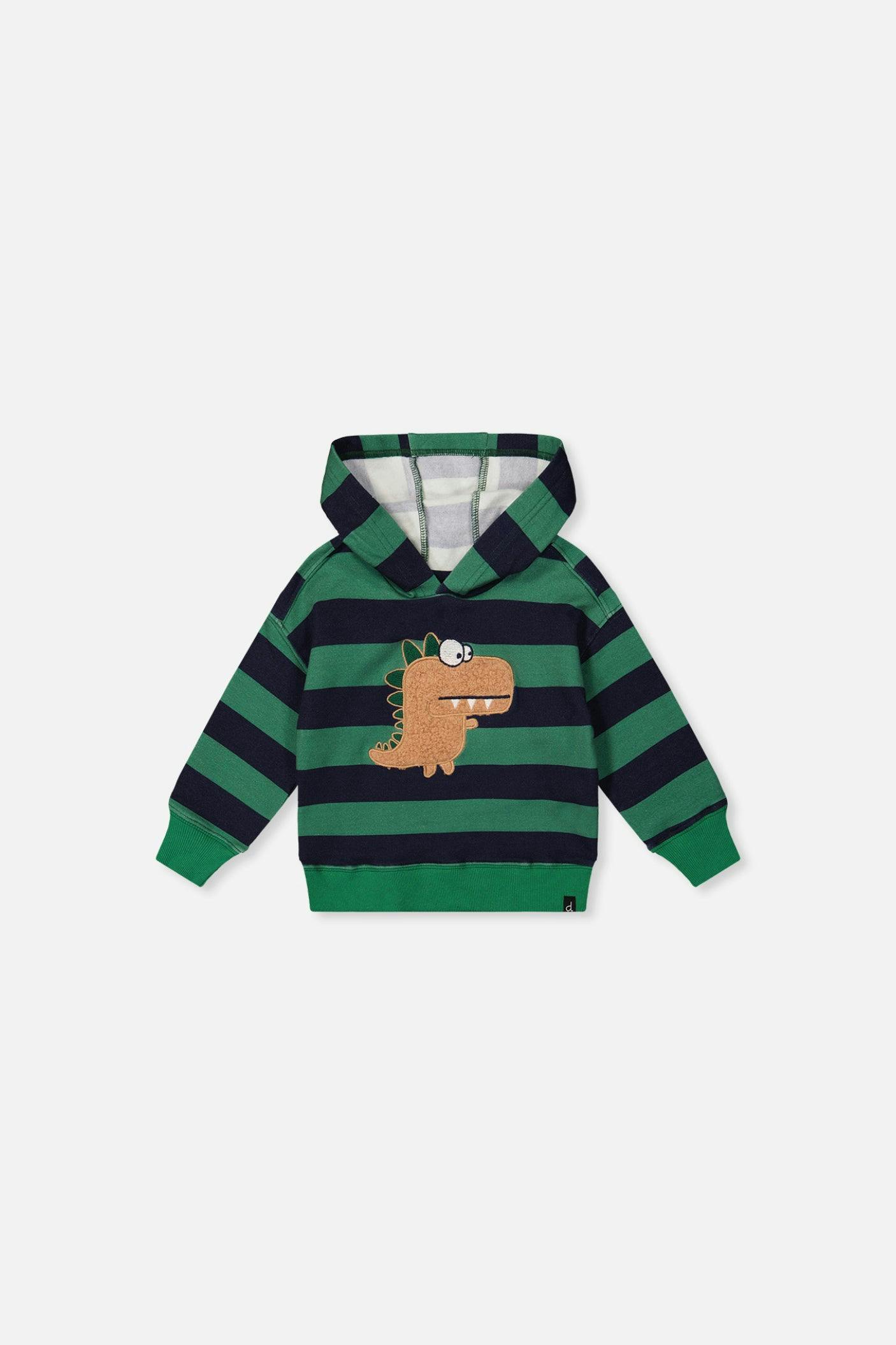 Baby Fleece Hoodie with Appliqué Blue Striped Green