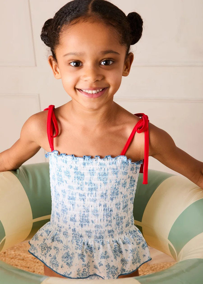 Audrey Toile Smocked Detail Swimsuit in Blue (12mths- 10yrs)