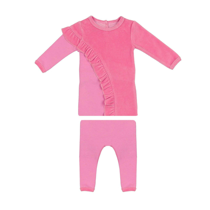 Velour French Terry Ruffle Long Sleeve Top & Pant 2-Piece Set