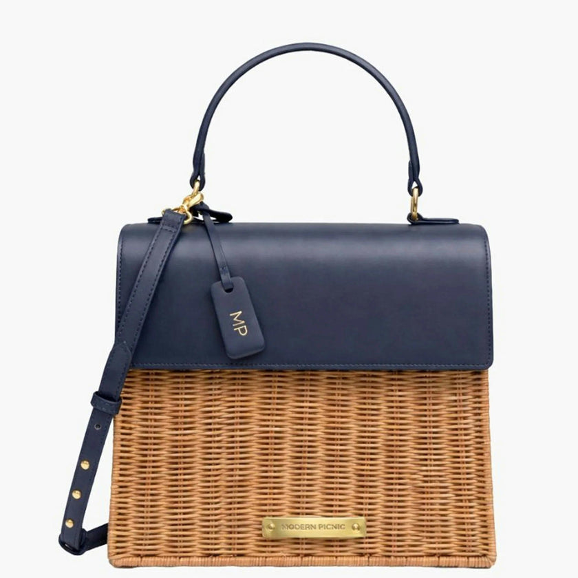 Medium Insulated Hand-Woven Wicker Lunchbox, Natural & Navy