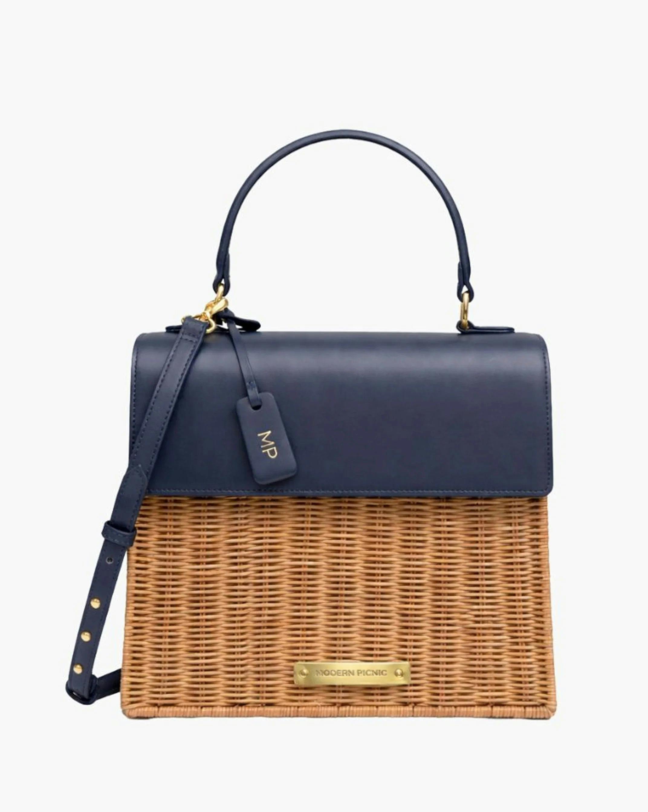 Medium Insulated Hand-Woven Wicker Lunchbox, Natural & Navy