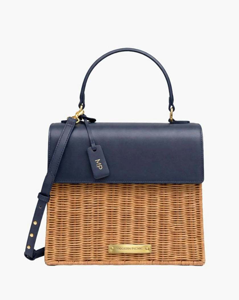 Medium Insulated Hand-Woven Wicker Lunchbox, Natural & Navy
