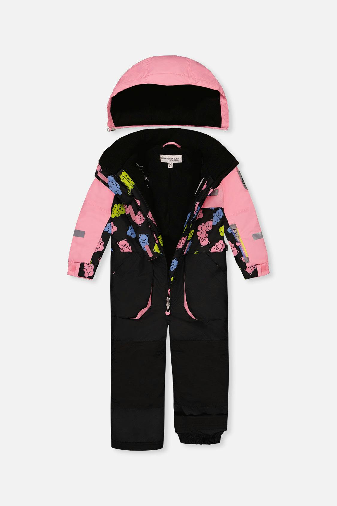 Kids One Piece Play Snowsuit Pink And Black Gummy Bear Print