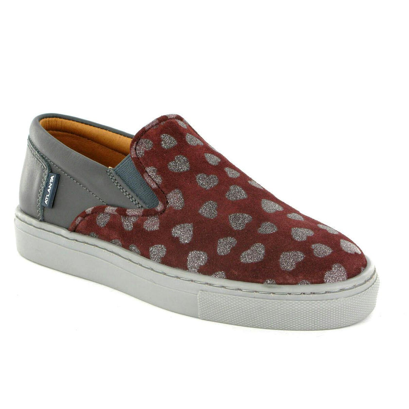 Leather Slip On Sneakers, Grey & Burgundy Hearts