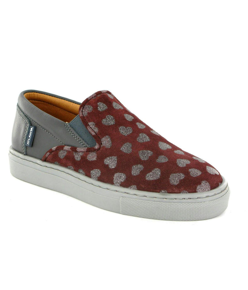 Leather Slip On Sneakers, Grey & Burgundy Hearts
