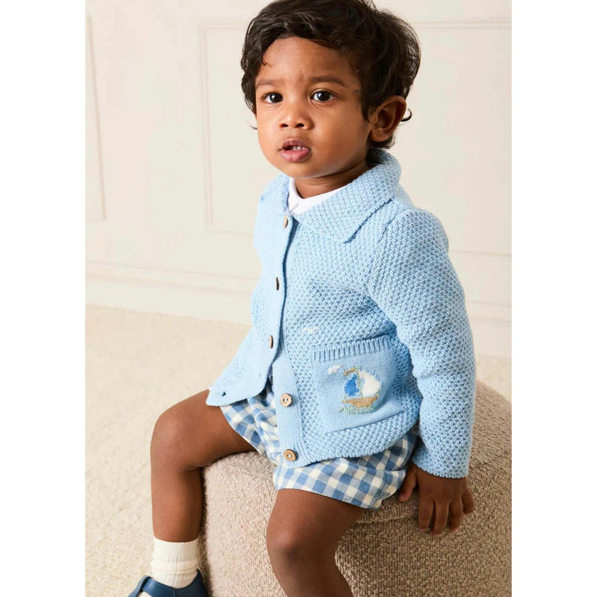 Nautical Boat Embroidery Polo Collar Cardigan in Sky Blue (12mths-6yrs)