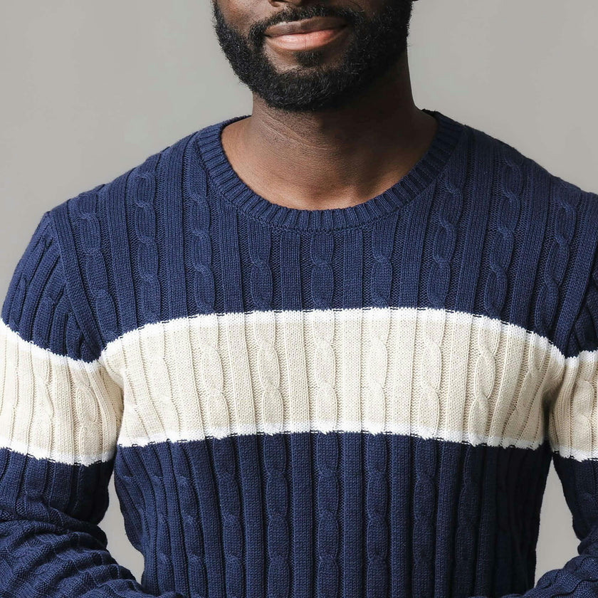 Organic Crew Neck Cable Sweater, Blue