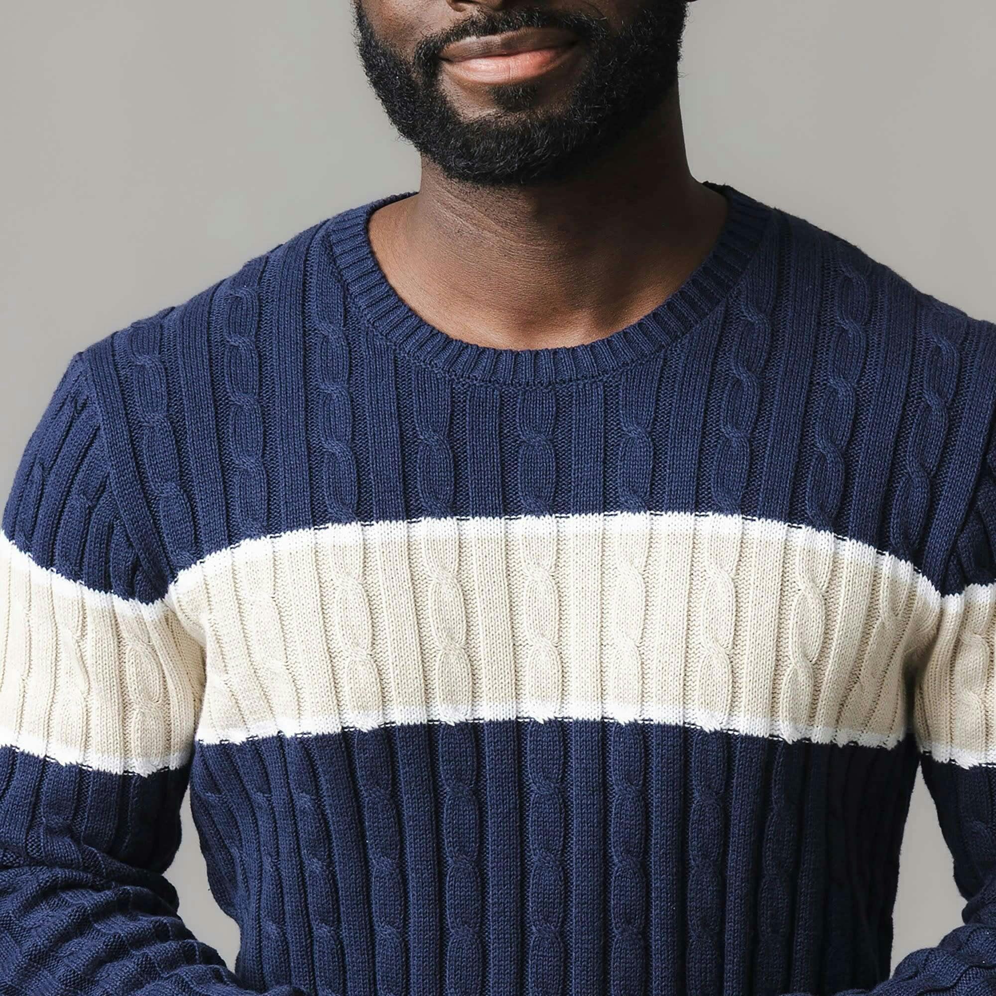 Organic Crew Neck Cable Sweater, Blue