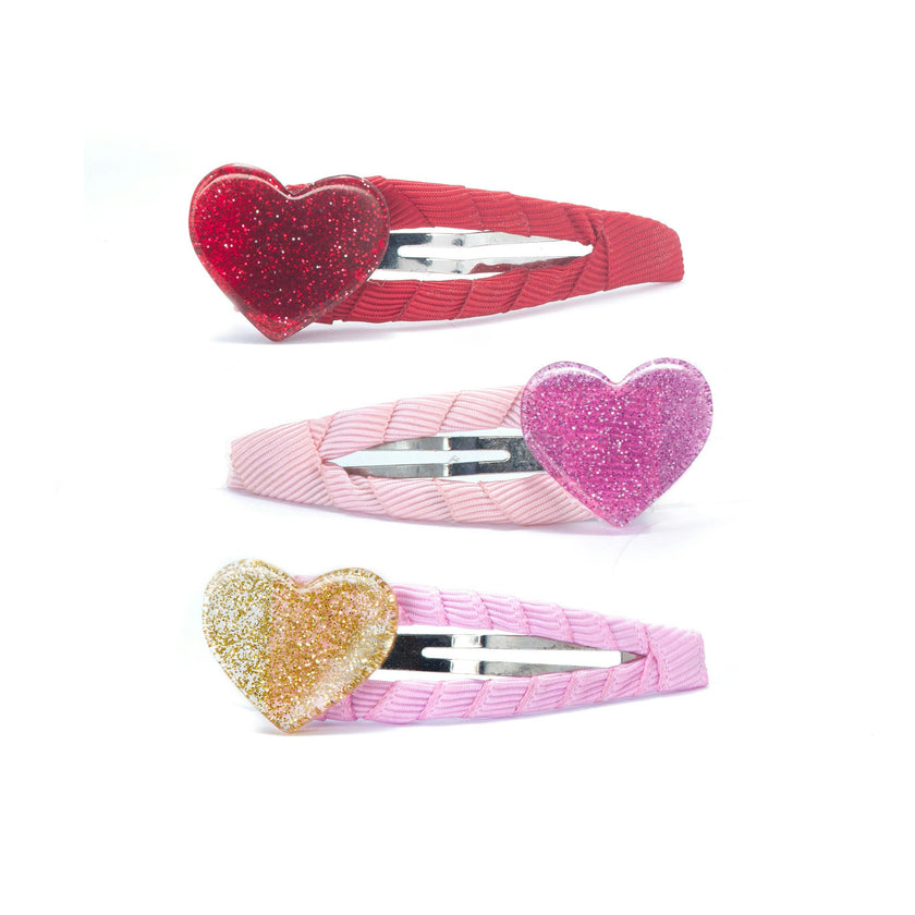 Hearts Glitter Gold Pink Red Fabric Covered Snap Clips -VAL