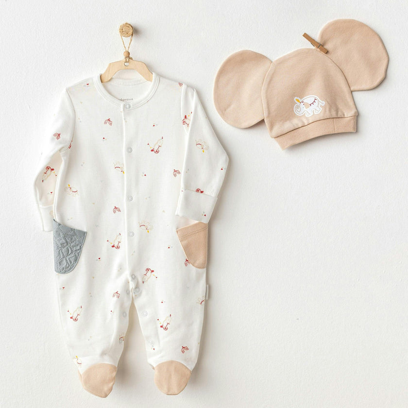 White Circus Party Print Babygrow & Hat