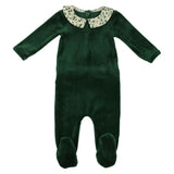 Boy's Velour Floral Peter Pan Collar Long Sleeve Footie