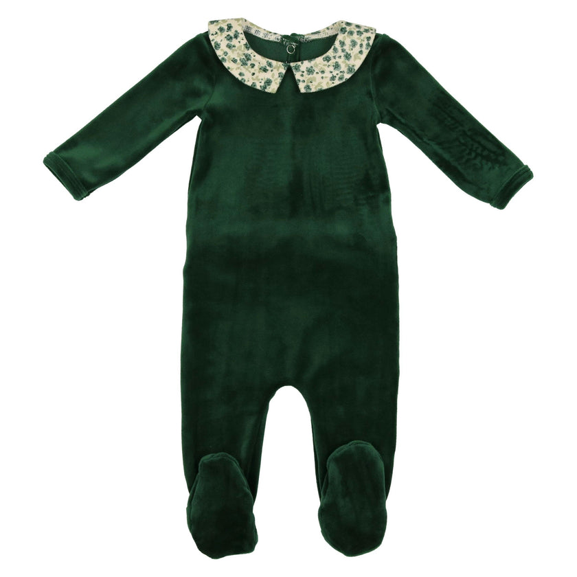 Boy's Velour Floral Peter Pan Collar Long Sleeve Footie