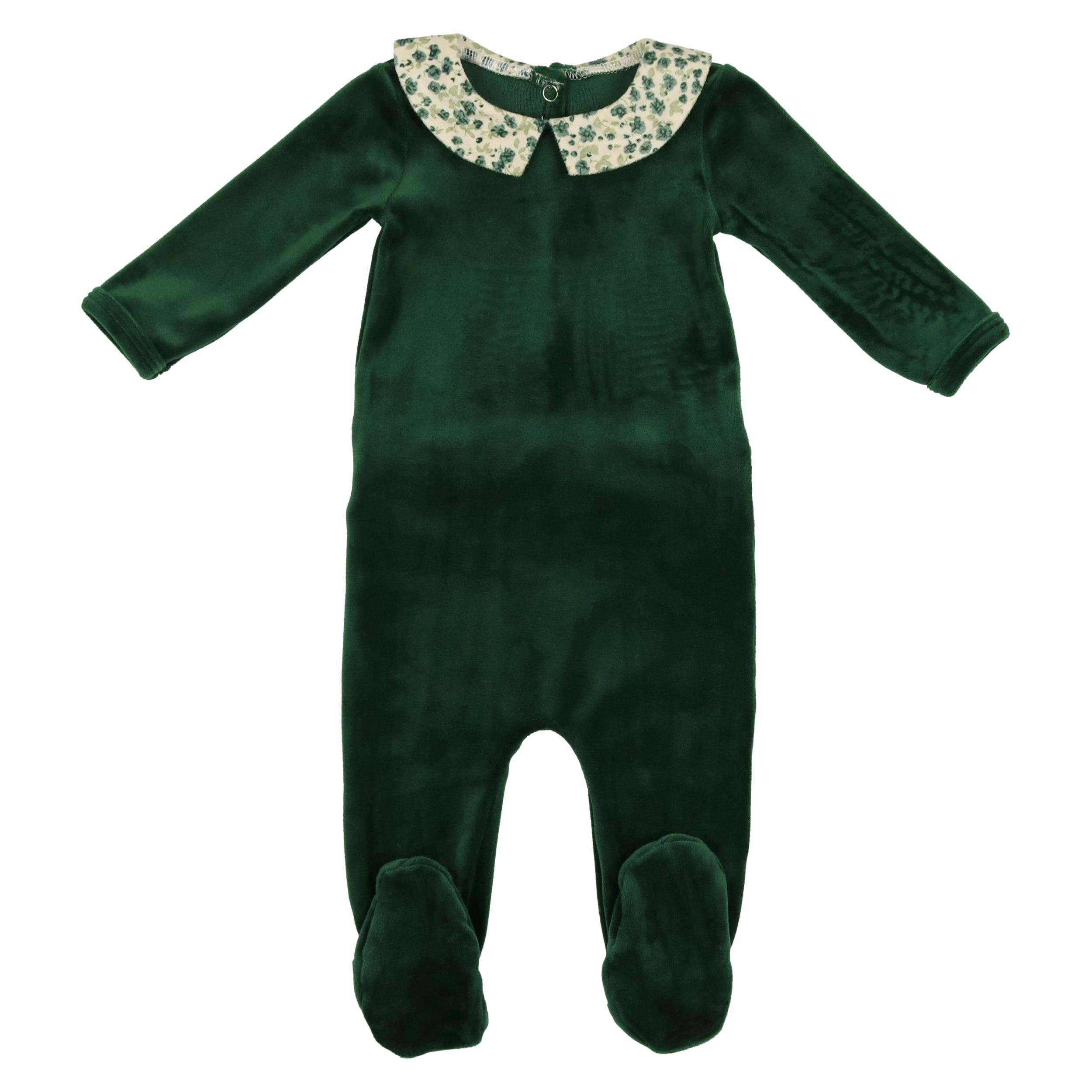 Boy's Velour Floral Peter Pan Collar Long Sleeve Footie