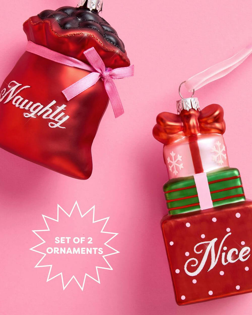Naughty + Nice Ornament Set - glass ornament duo
