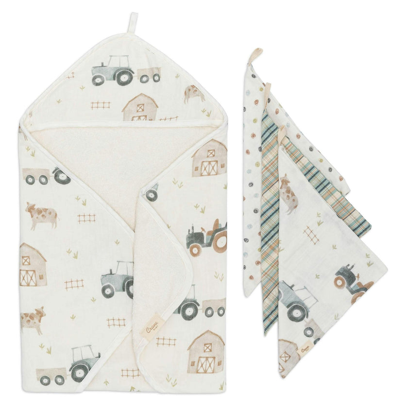 Charlie Farmhouse Tractor Hooded Baby Bath Towel & Washcloth Set