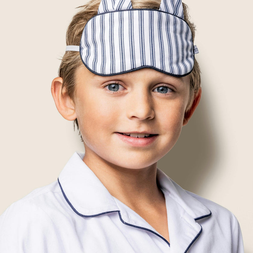 Kid's Twill Kitty Sleep Mask in Navy French Ticking