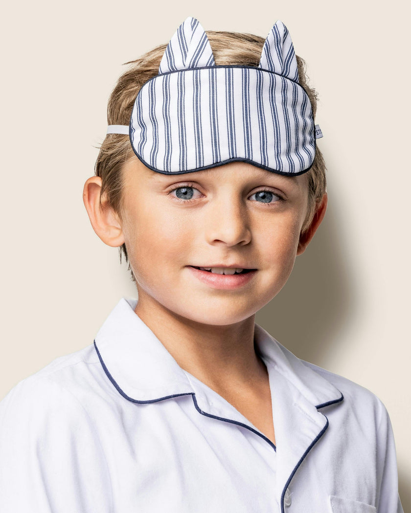 Kid's Twill Kitty Sleep Mask in Navy French Ticking