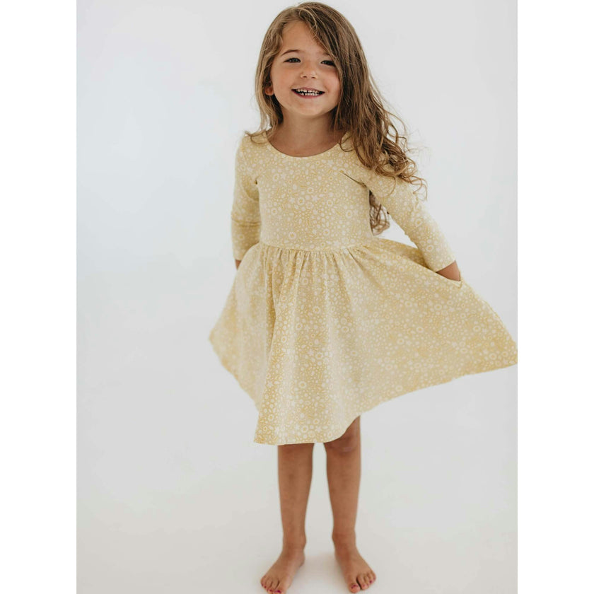 3/4 Sleeve Twirl Dress in Buttercup