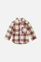 Zipped Sherpa Overshirt With Chest Pockets Beige And Mauve Plaid