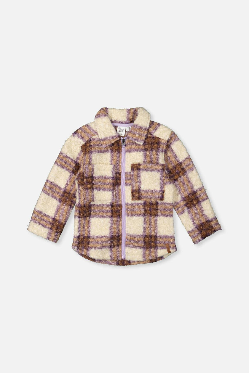 Zipped Sherpa Overshirt With Chest Pockets Beige And Mauve Plaid