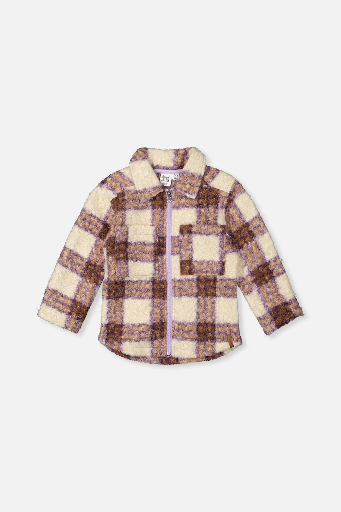 Zipped Sherpa Overshirt With Chest Pockets Beige And Mauve Plaid