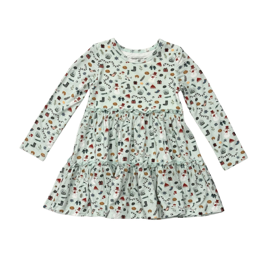 Girls Long Sleeve Double Tiered Dress in Christmas Elements