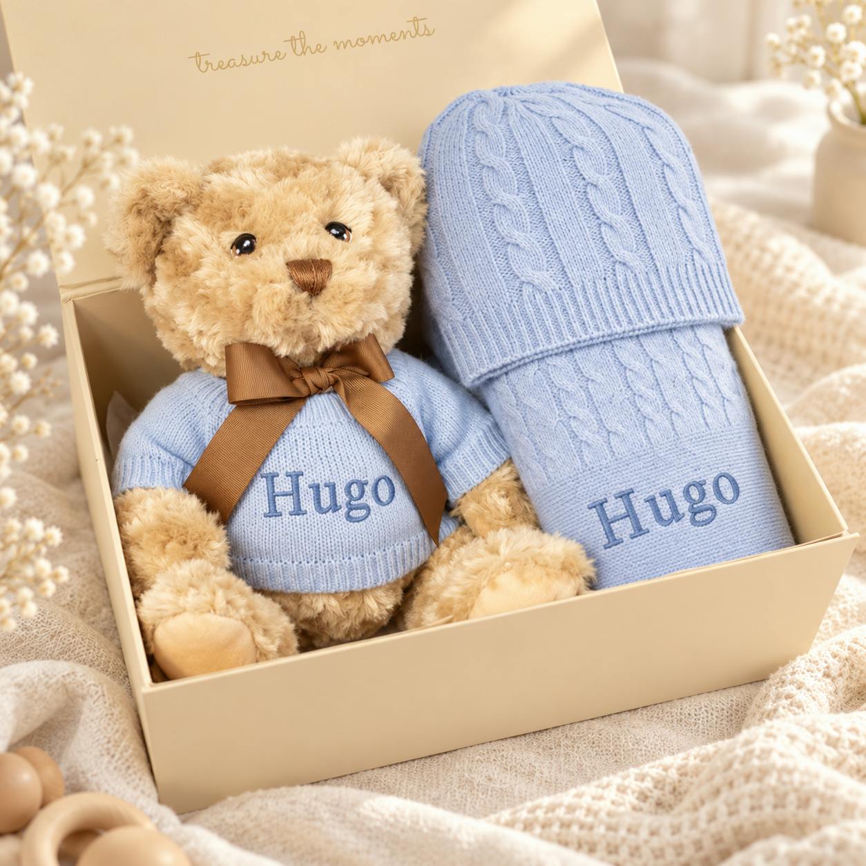 Peronalized Cashmere Baby Blanket and Teddy Gift Set