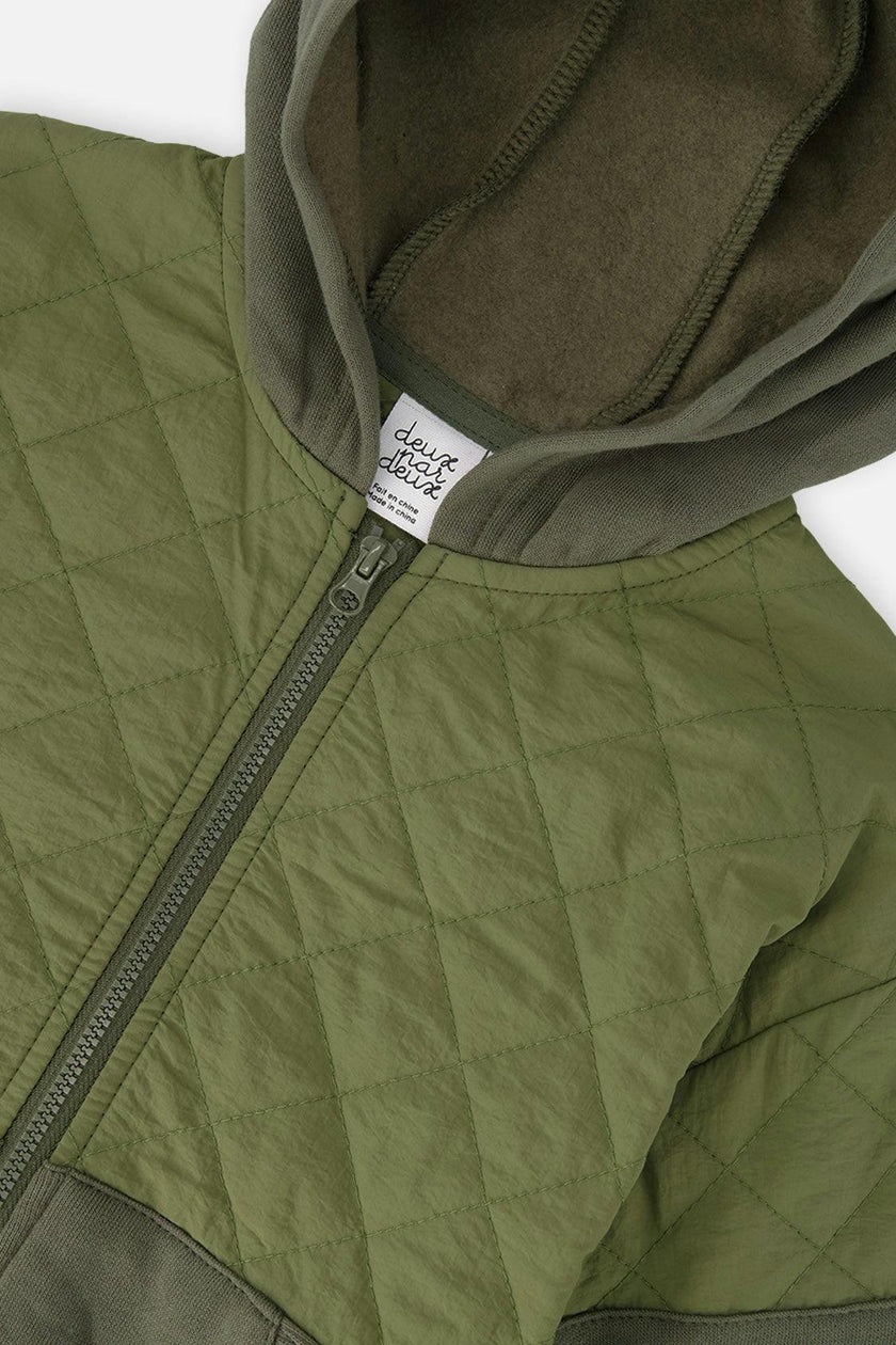 Full Zip Hooded Bi-Material Cardigan Green
