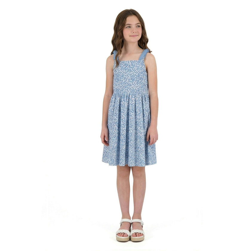 Tween Girls Floral Printed Dress W. Back Cutout | Blue Floral
