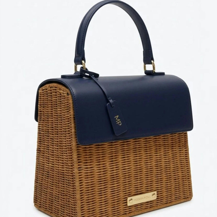 Medium Insulated Hand-Woven Wicker Lunchbox, Natural & Navy