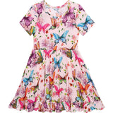 Watercolor Butterfly Short Sleeve Ruffled Twirl Dress