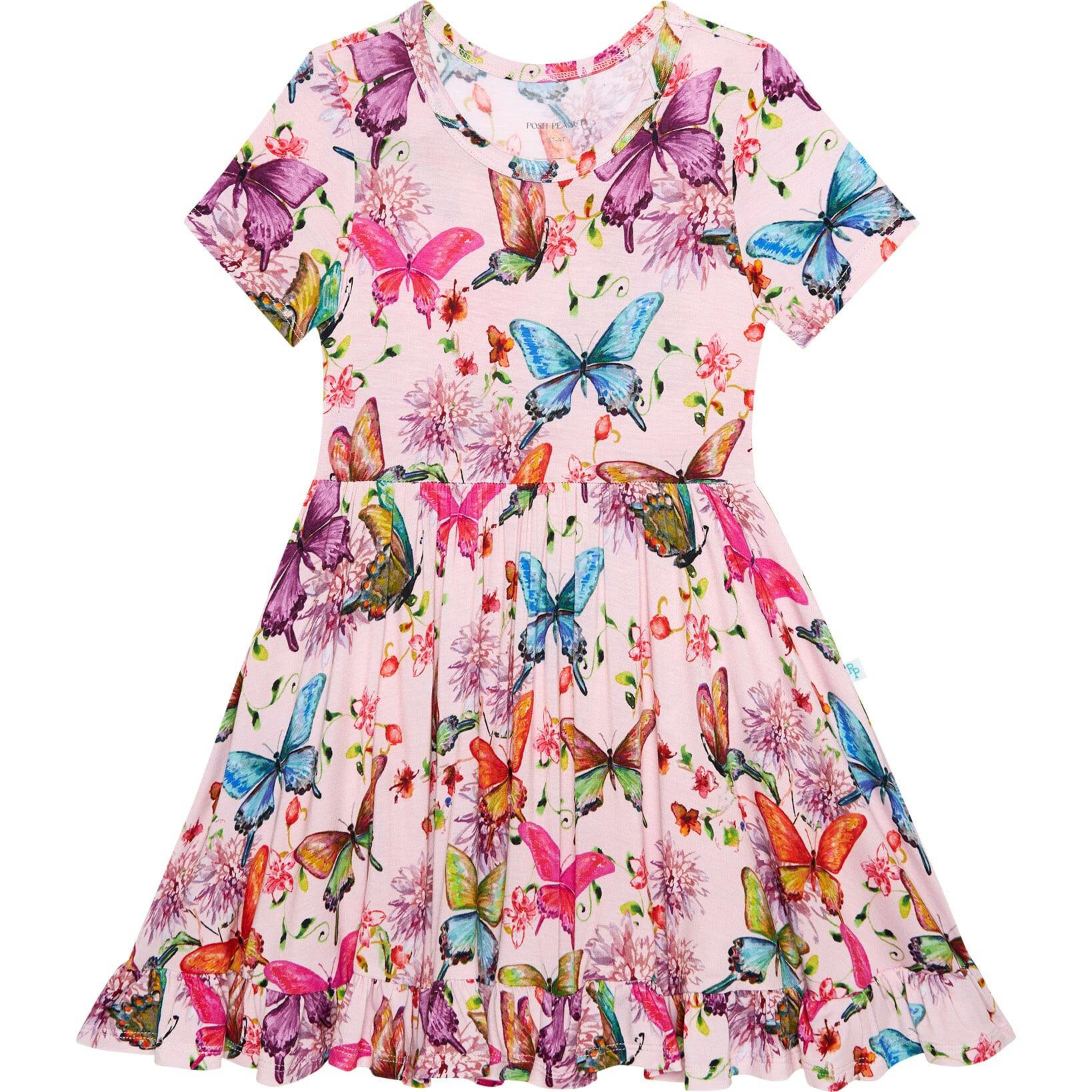 Watercolor Butterfly Short Sleeve Ruffled Twirl Dress