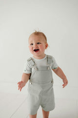 Cotton Overalls Set in Aqua Grey/Dinosaur