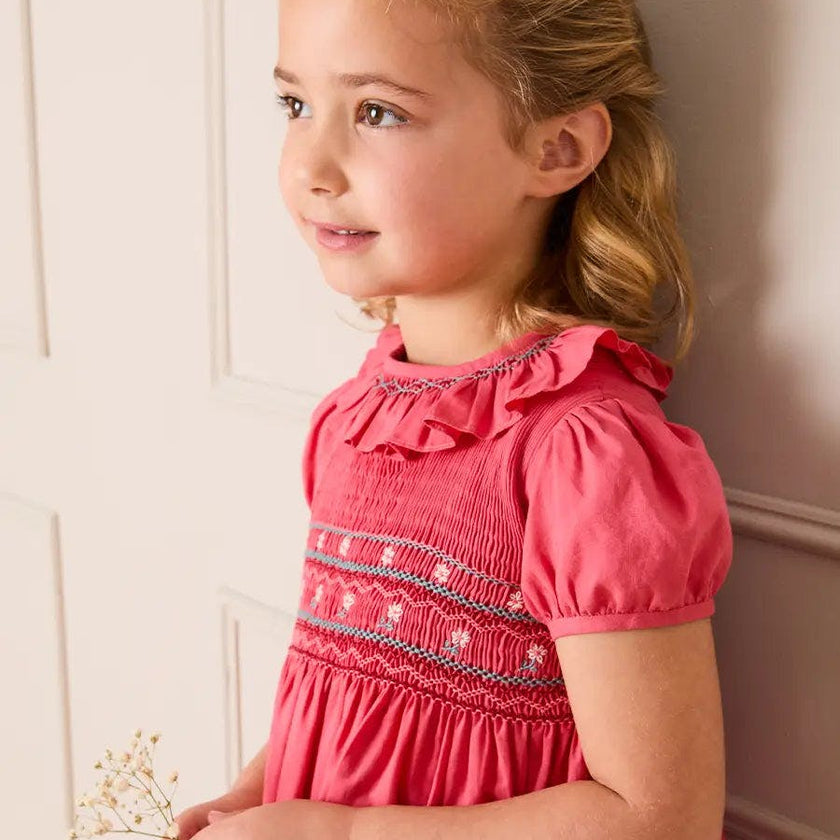 Hand Smocked Flower Embroidered Dress in Strawberry (12mths- 10yrs)