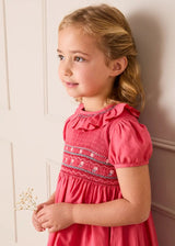 Hand Smocked Flower Embroidered Dress in Strawberry (12mths- 10yrs)