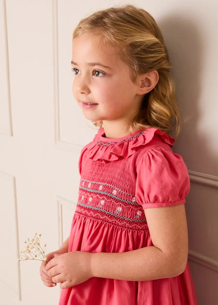 Hand Smocked Flower Embroidered Dress in Strawberry (12mths- 10yrs)