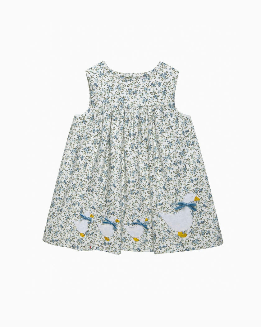 Baby Cord Ditsy Floral Duck Pinafore in Blue