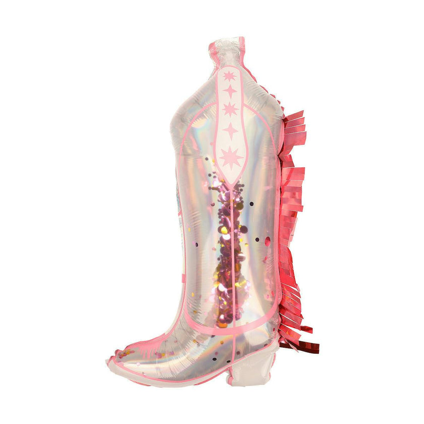 Packed Party Confetti and Fringe Cowboy Boot Mylar Balloons Set of 2 - 21-Inch Pink Boot-Shaped Balloons with Confetti Fill and Shiny Fringe Detailing