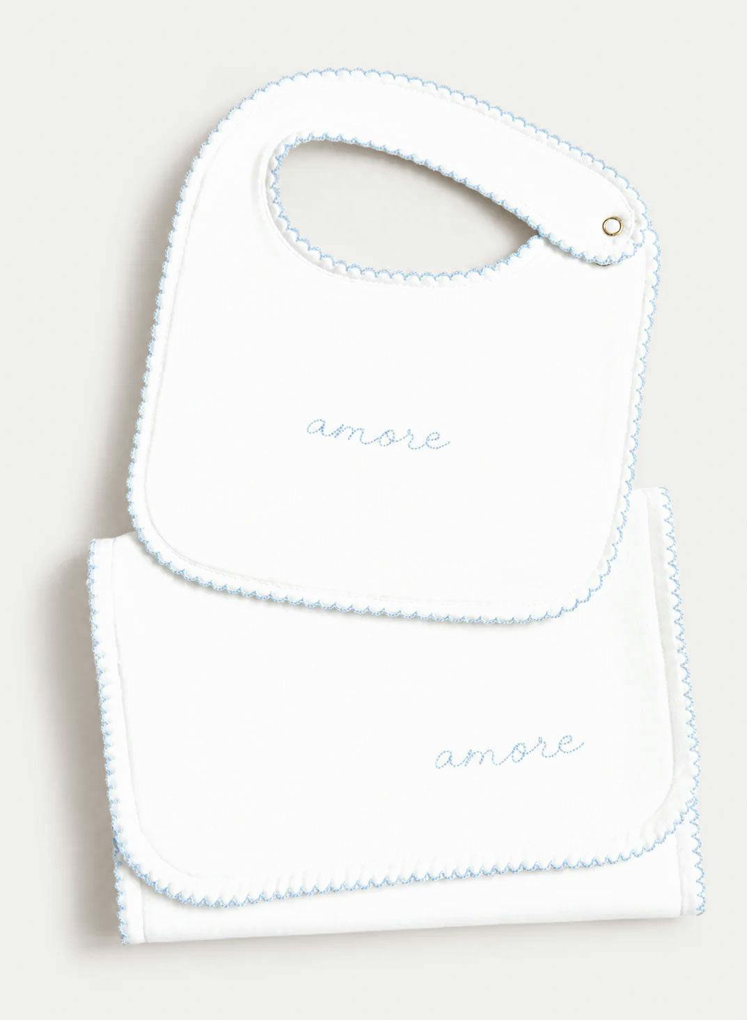 Bib & Burp Cloth Set - Embroidered Blue 