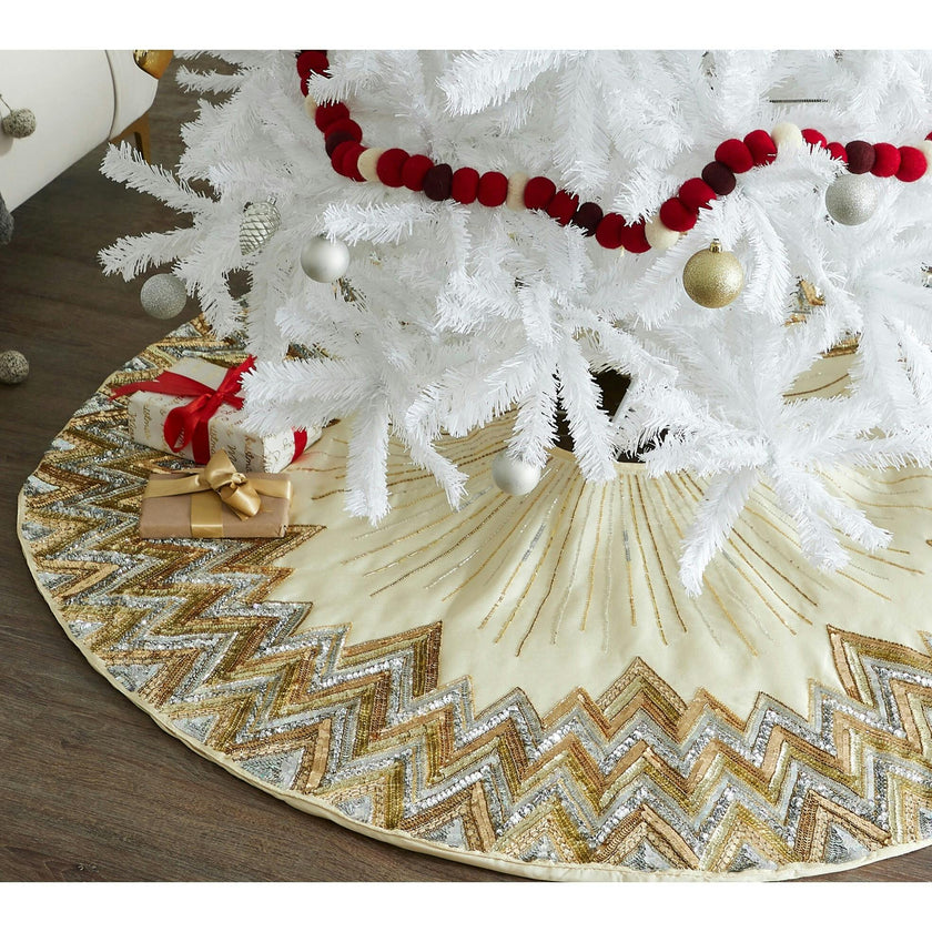 Hand Beaded Metallic Starburst French Vanilla Silk Christmas Tree Skirt 60"/72"