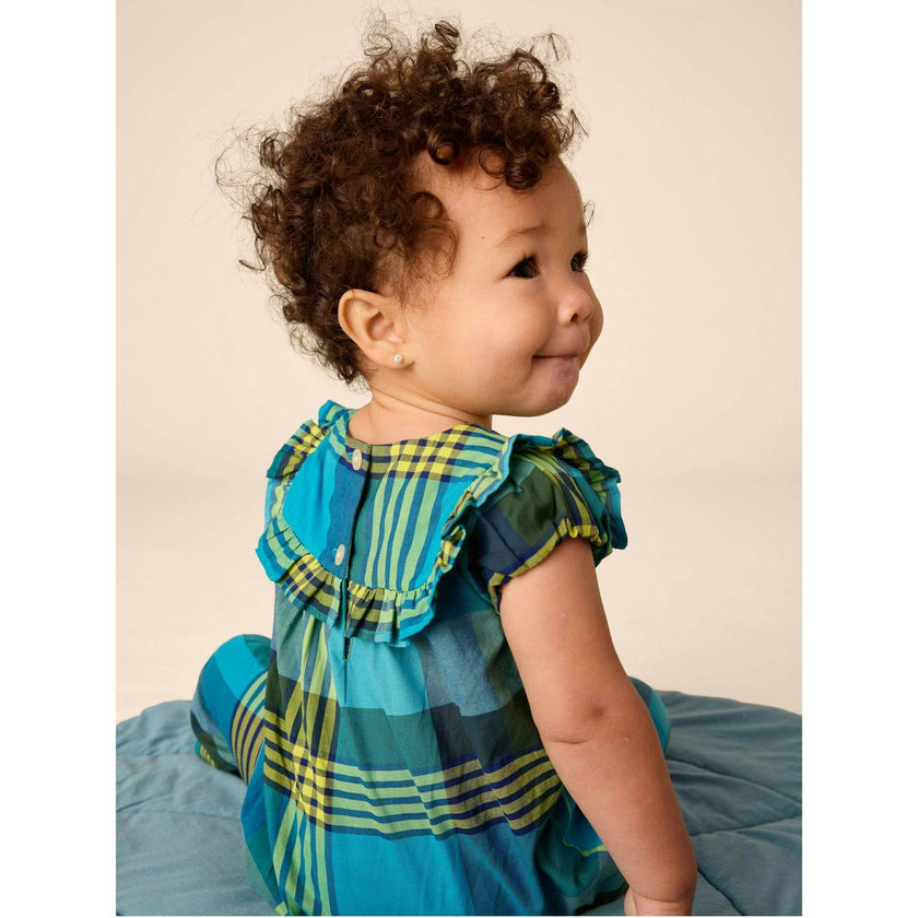 Woven Ruffle Baby Romper, Blue