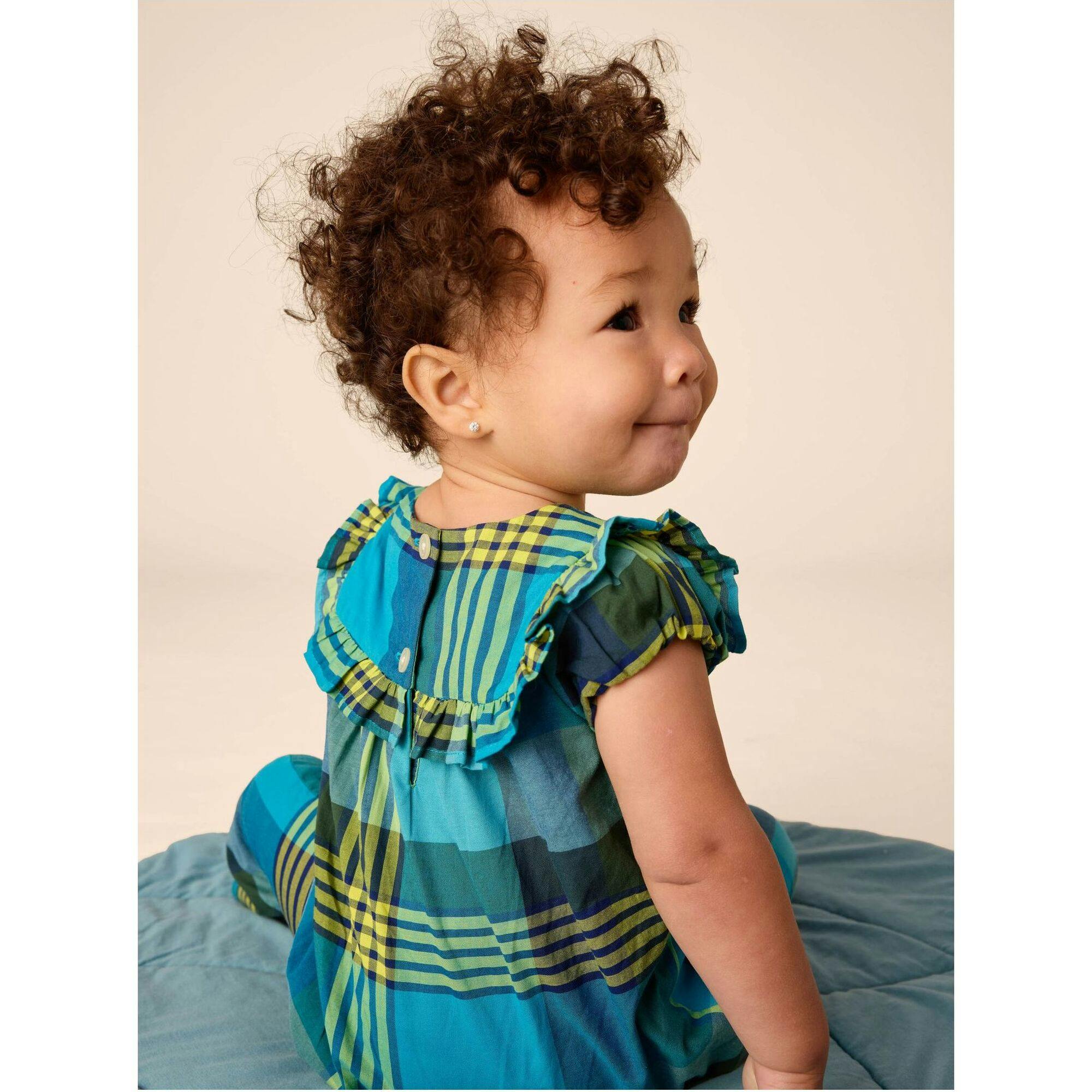 Woven Ruffle Baby Romper, Blue