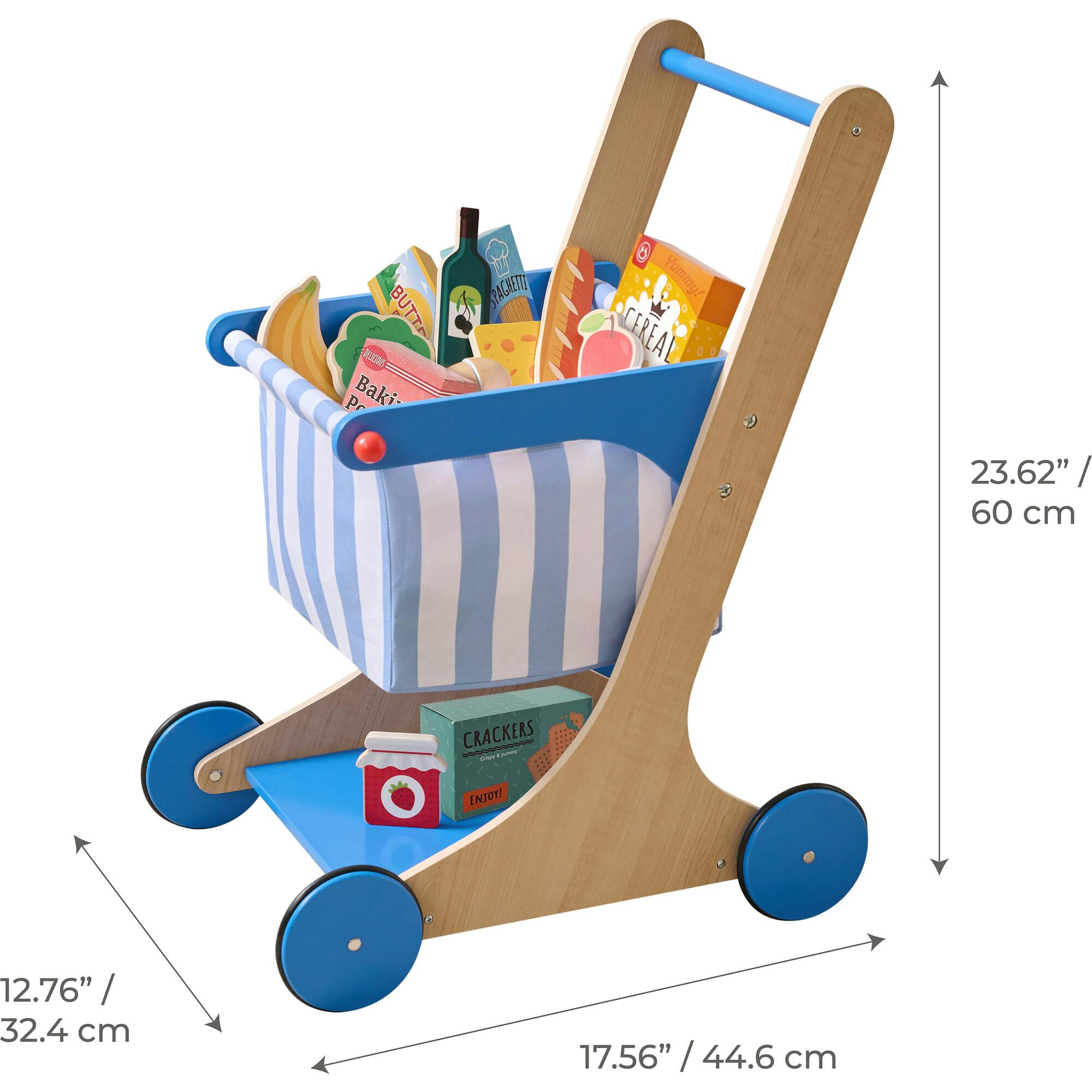 Teamson Kids Little Helper Mr. Fresh Wooden Shopping Cart with 13 Grocery Accessories
