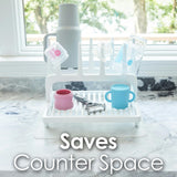 PopYum Glacier White Drying Rack from 100% Recycled Bottles with Silicone Drying Mat, countertop for Baby Bottles, Plastic Bags, Cups, Compact
