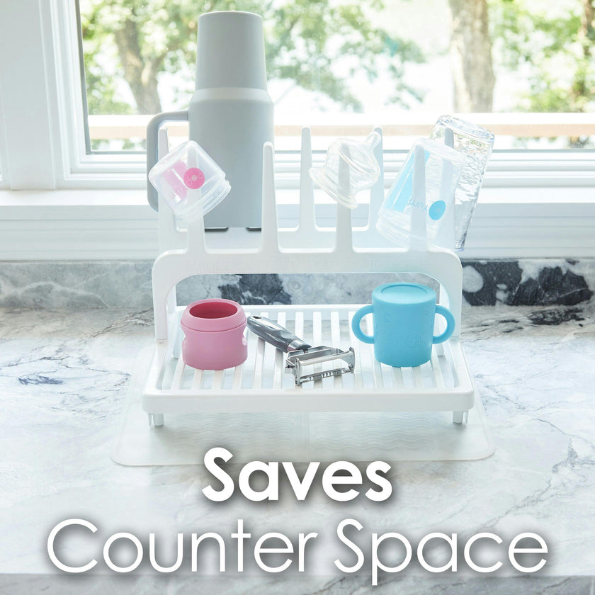 PopYum Glacier White Drying Rack from 100% Recycled Bottles with Silicone Drying Mat, countertop for Baby Bottles, Plastic Bags, Cups, Compact