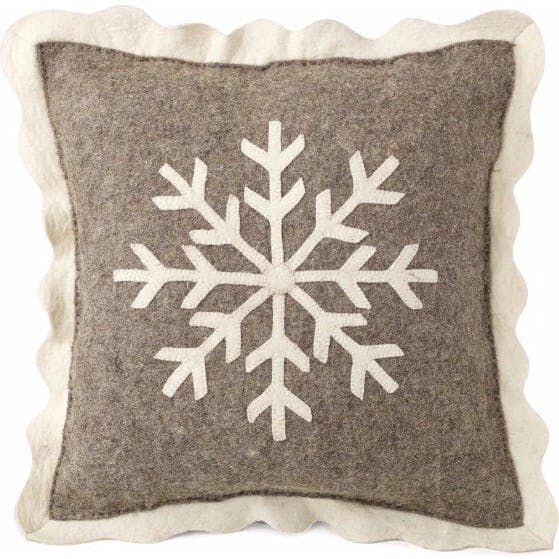 Handmade Christmas Pillow Hand Felted Wool - Big Snowflake Gray - 20