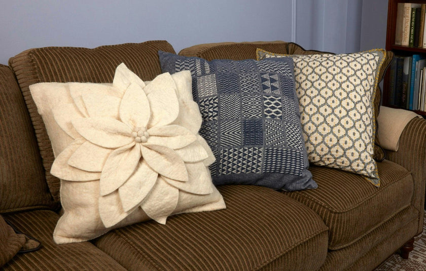 Hand Felted Wool Pillow - Cream 3D Flower Cream, 20"