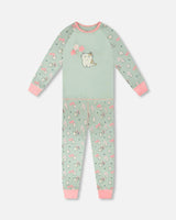 Organic Cotton Two-Piece Pyjama Set Green Kitten Print